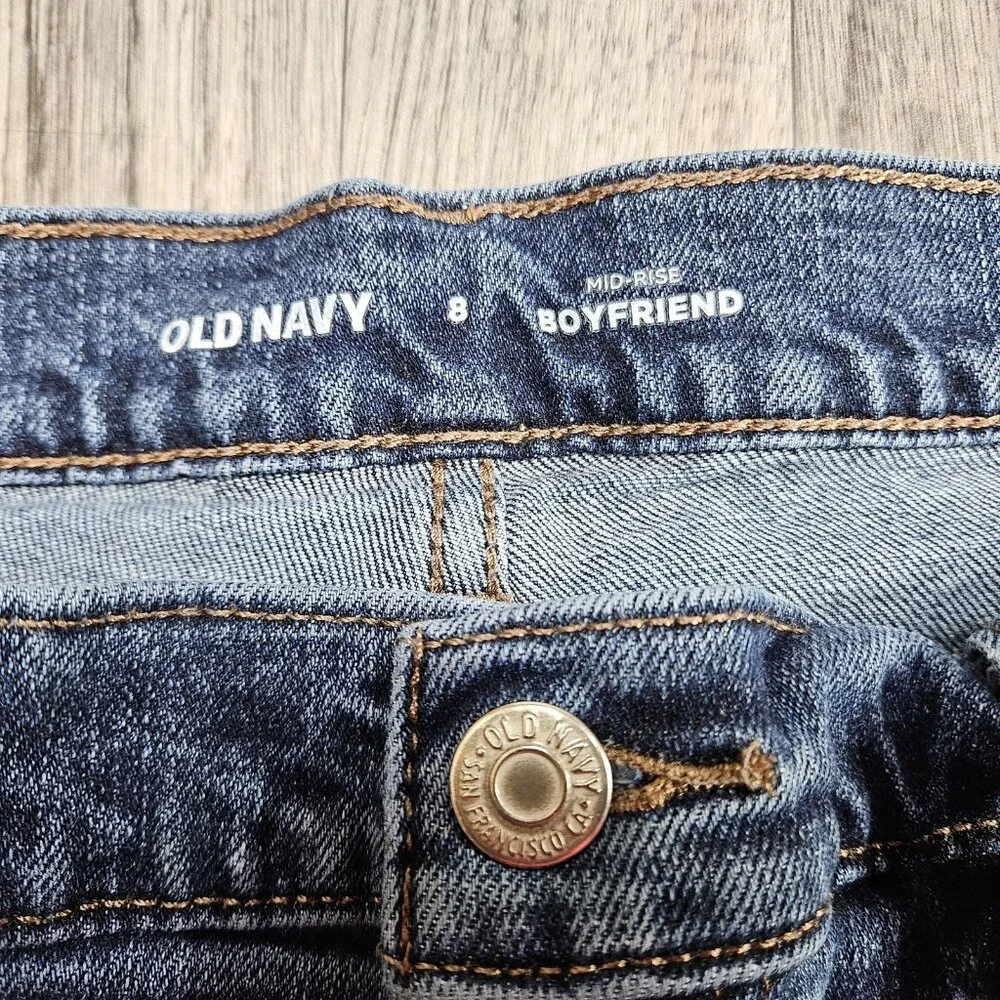 Old Navy Mid Rise Boyfriend Jeans Womens 8 Blue Distressed Raw Hem Stretch Denim